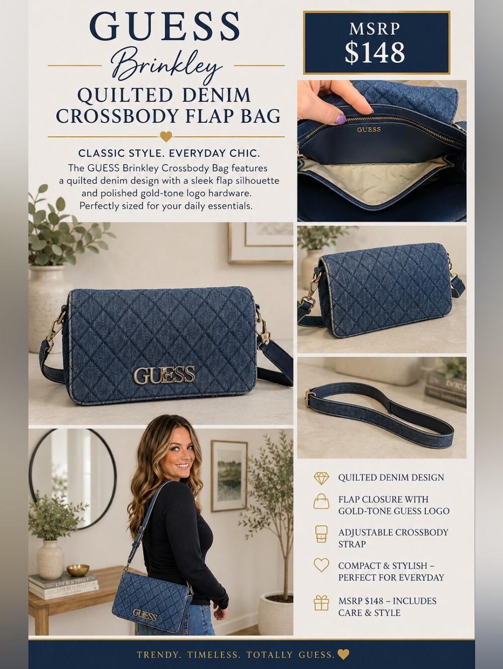 GUESS Brinkley Quilted Denim Crossbody Flap Bag - MSRP $148